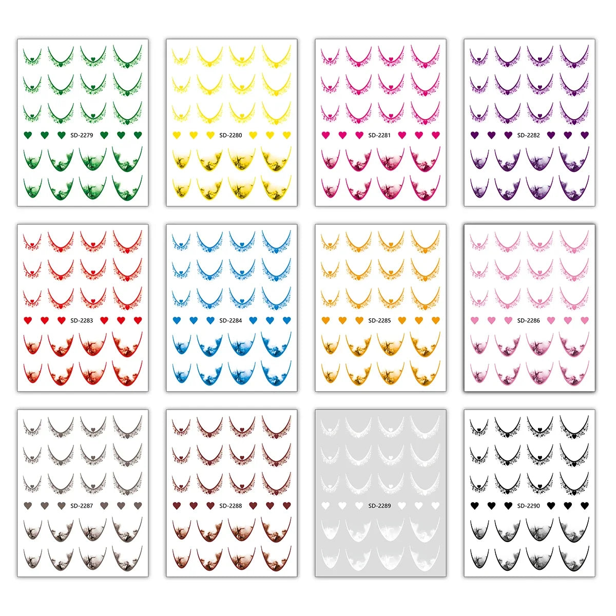 12 Sheets Gradient French Tip Nail Stickers Heart Design Nail Decals Self-Adhesive Manicure Stickers 12 Colors for DIY Nail Art