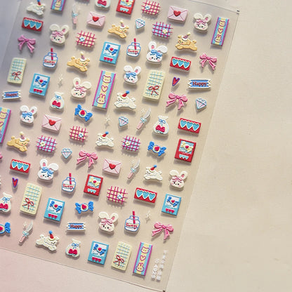 Lovely Animal Graffiti Cat Claw Rabbit Bunny Bear Dog Flower Fruit Dim Sum Candy Sunflower Adhesive 5D Nail Art Stickers Decal