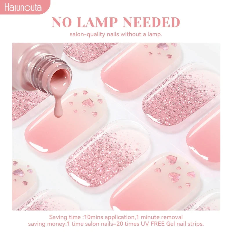 22strips UV Free Nail Gel Strips Loving Heart Gel Polish Nail Sticker Curing-free Adhesive Stickers for Nails Long Lasting Wrap