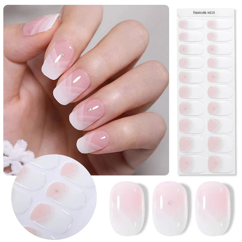 20Tips Gradient French Semi-cured Gel Nail Sticker UV Lamp Needed Full Cover Nail Gel Polish Wraps Manicure Press on Nails Decal