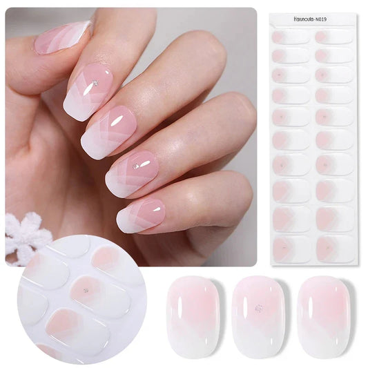 20Tips Gradient French Semi-cured Gel Nail Sticker UV Lamp Needed Full Cover Nail Gel Polish Wraps Manicure Press on Nails Decal