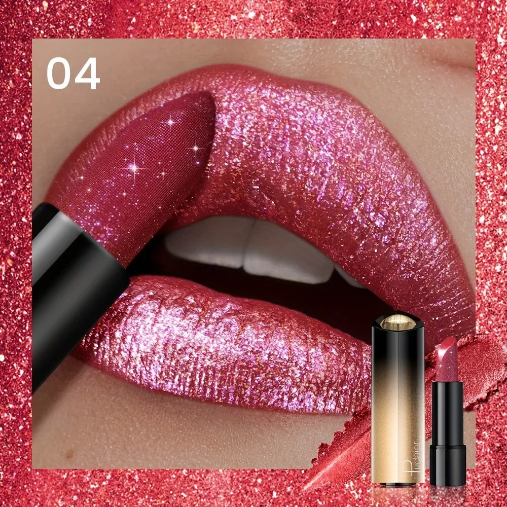 Metallic Shimmer Lipstick, Pearly Glitter Shine, Creamy Texture, High Color Payoff, Smooth Apply, Party Makeup