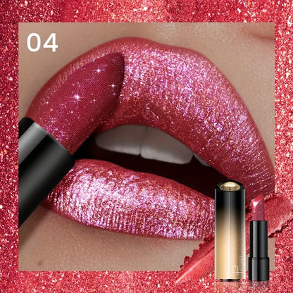 Metallic Shimmer Lipstick, Pearly Glitter Shine, Creamy Texture, High Color Payoff, Smooth Apply, Party Makeup