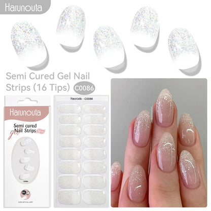 Harunouta 16strips Gradient Red Marble Gold Line Semi Cured Gel Nail Strips DIY Gel Polish Stickers for Nails Work with UV/LED