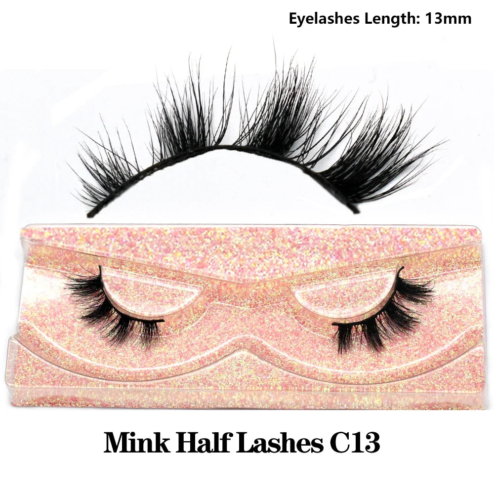 3D Mink Fluffy Half False Eyelashes Natural Soft Lightweight Clear Band Half Eye Strip Lashes Reusable Short Eyelashes Extension