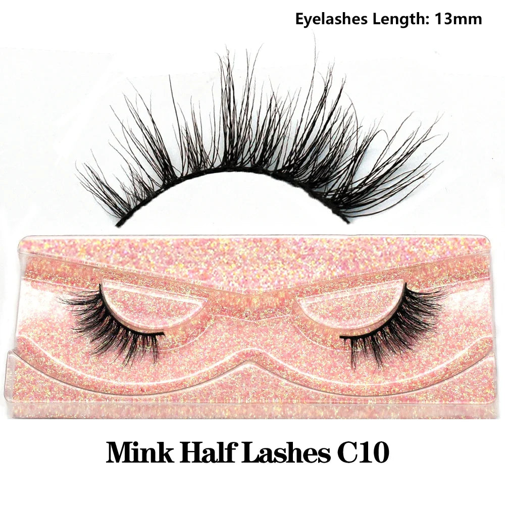 3D Mink Fluffy Half False Eyelashes Natural Soft Lightweight Clear Band Half Eye Strip Lashes Reusable Short Eyelashes Extension