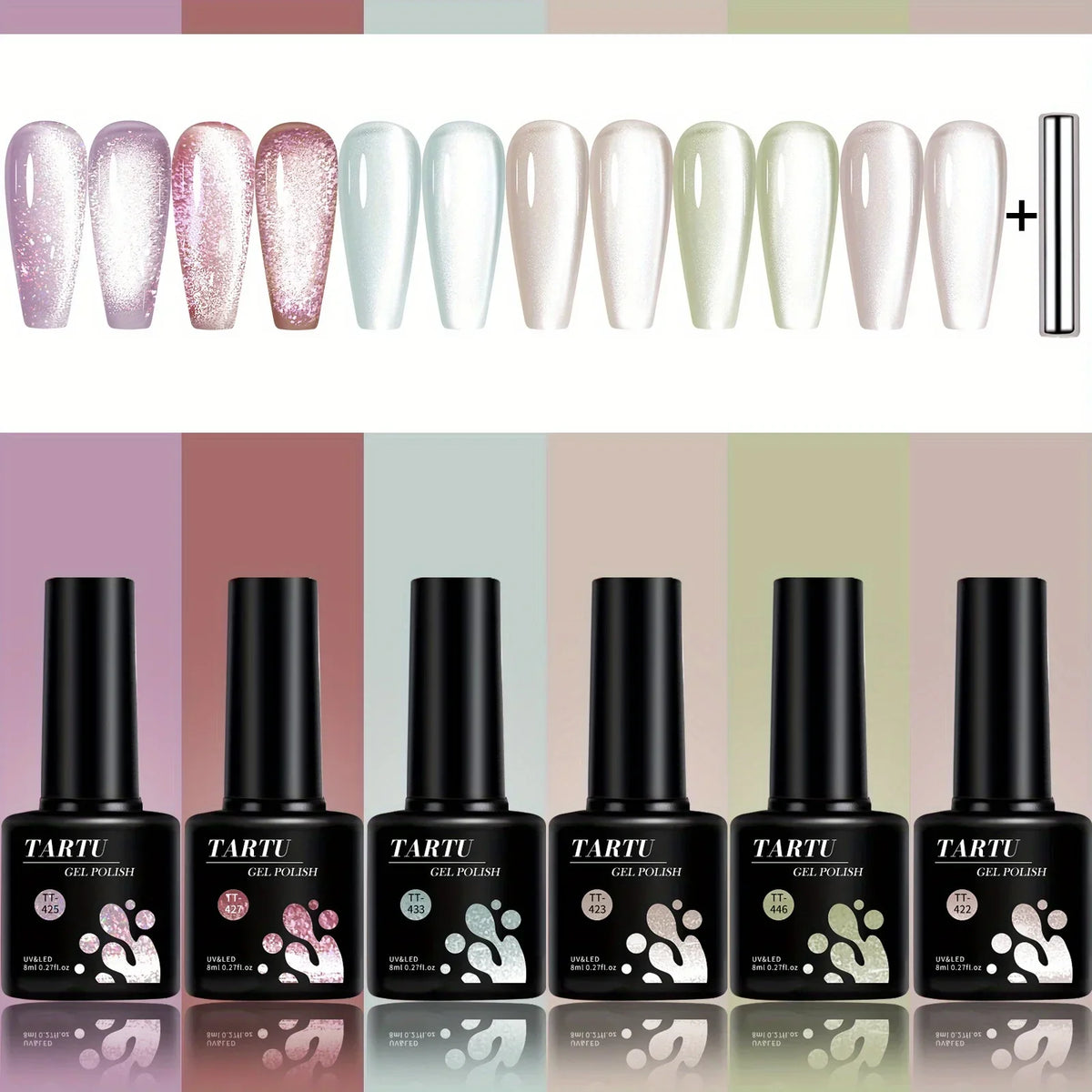 TARTU 6pcs 8ml Cat Eye Gel Nail Polish Set, 6 Colors Gel Polish Kit, Soak Off for Uv/Led, for Salon and Nail Art DIY At Home