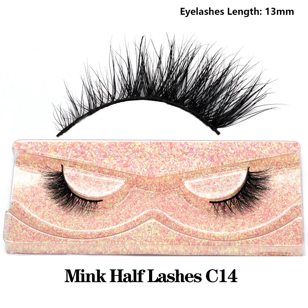 3D Mink Fluffy Half False Eyelashes Natural Soft Lightweight Clear Band Half Eye Strip Lashes Reusable Short Eyelashes Extension