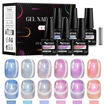 7pcs Shiny Cat Magnetic Gel Nail Polish Set With Magnetic Rod Pink Colorful Semi Permanent Soak Off UV Gel Varnish Nail Supplies