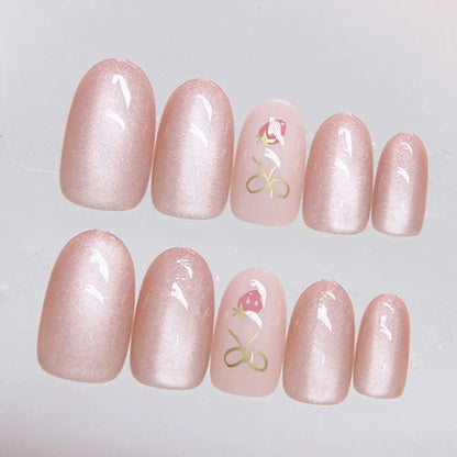 24pcs Oval False Nails French Strawberry Butterfly Cat Eye Press on Nails Fake Nails DIY Manicure Detachable Nail Tips