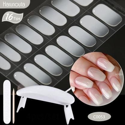Harunouta 4pcs/set Gradient Jelly Semi Cured Gel Nail Strips with Nail Lamp Nude Pink Waterproof Nail Stickers Long Lasting Wrap