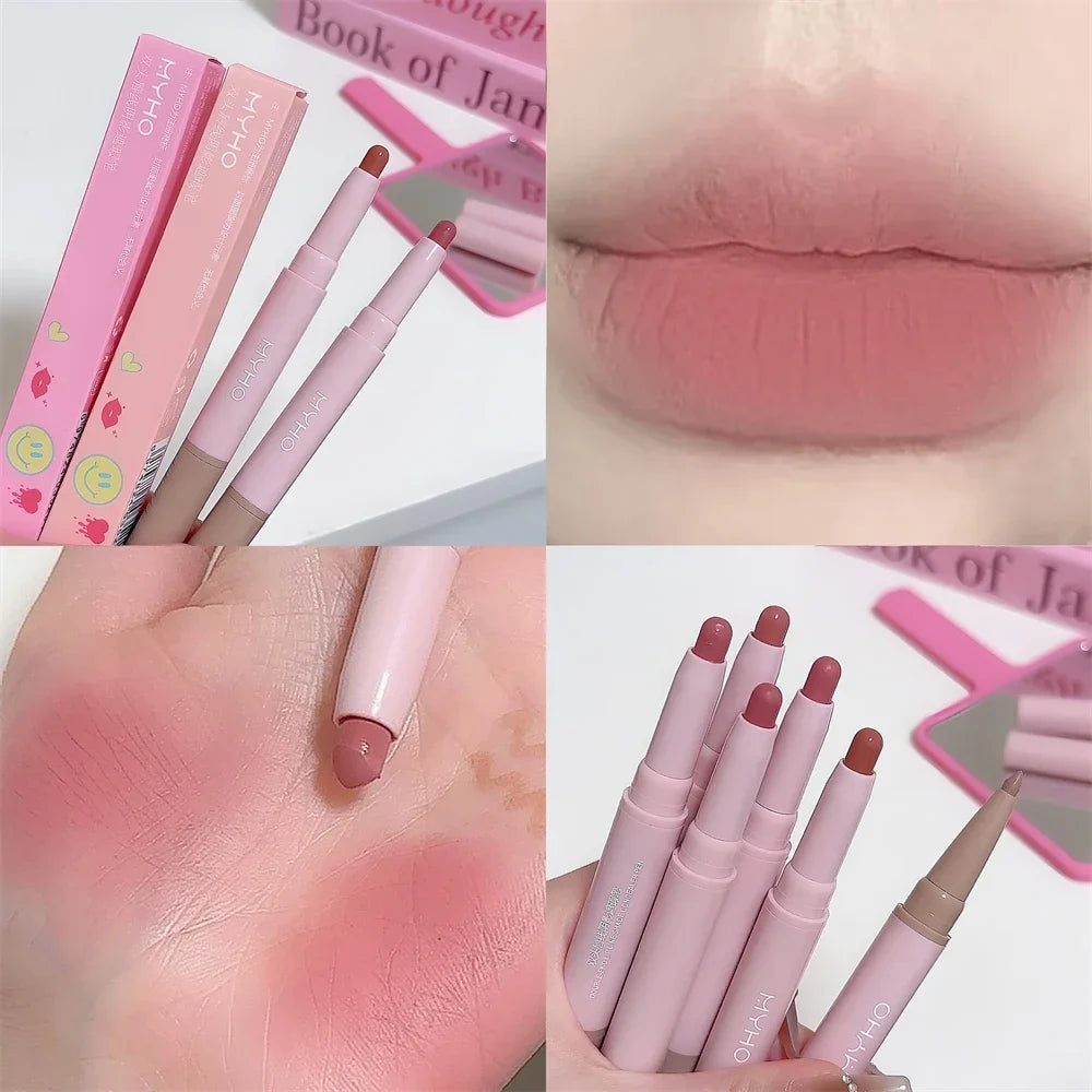 Double-head Matte Lipstick Waterproof Velvet Nude Pink Lip Liner Pencil Sexy Red Brown Pigment Lips Makeup Long Lasting Lip Tint