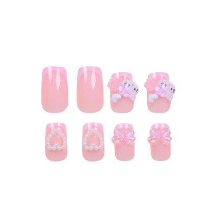 24 Medium Square Nail Pink French Cute Cartoon Cat White Love Camellia Nail Patch Jelly Powder Bow Wear Nail Set