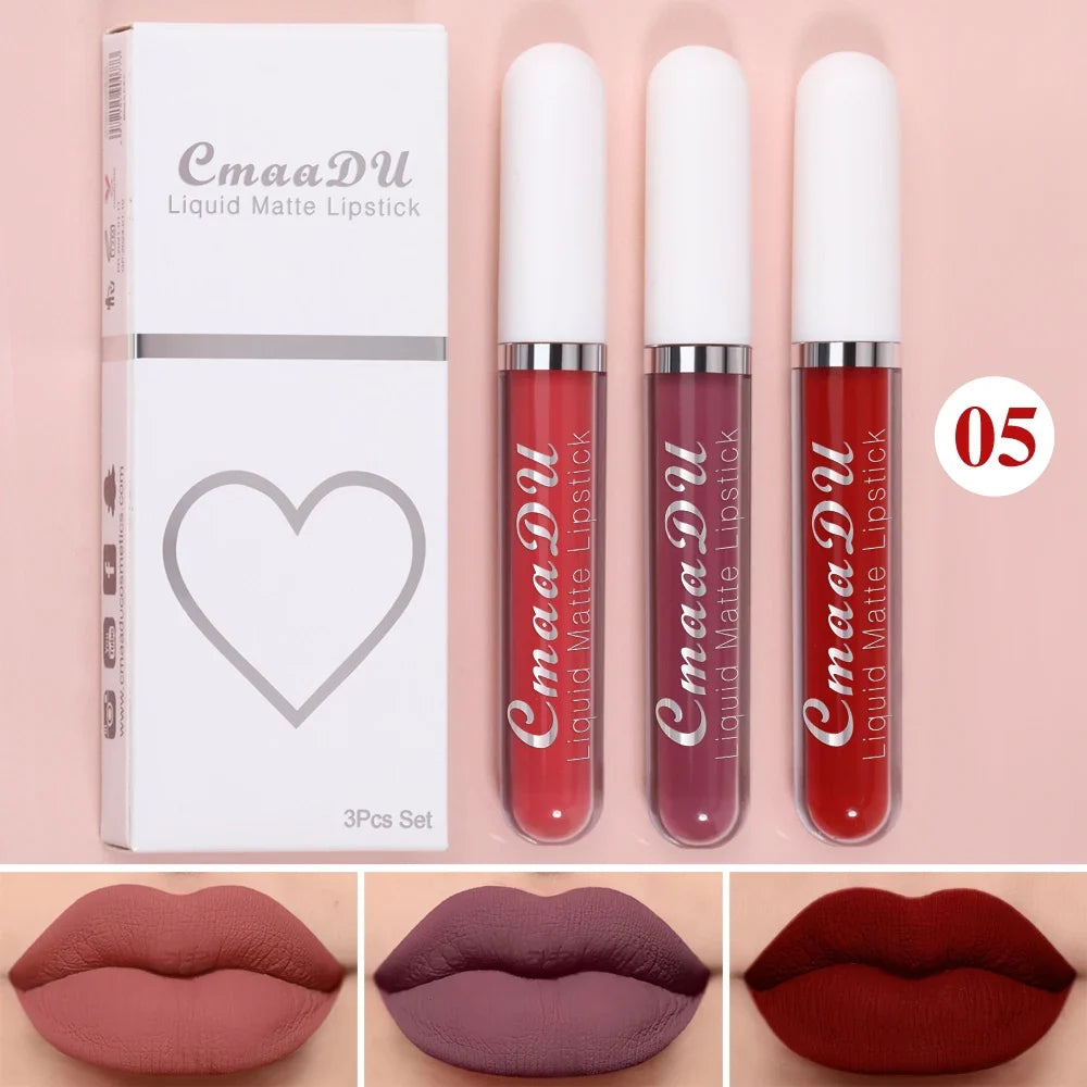 3 Pcs Matte Lipstick Lip Gloss Sets Long-Lasting Non-Fading Waterproof Non-stick Cup Exquisite Gift Everyday Holiday Universal
