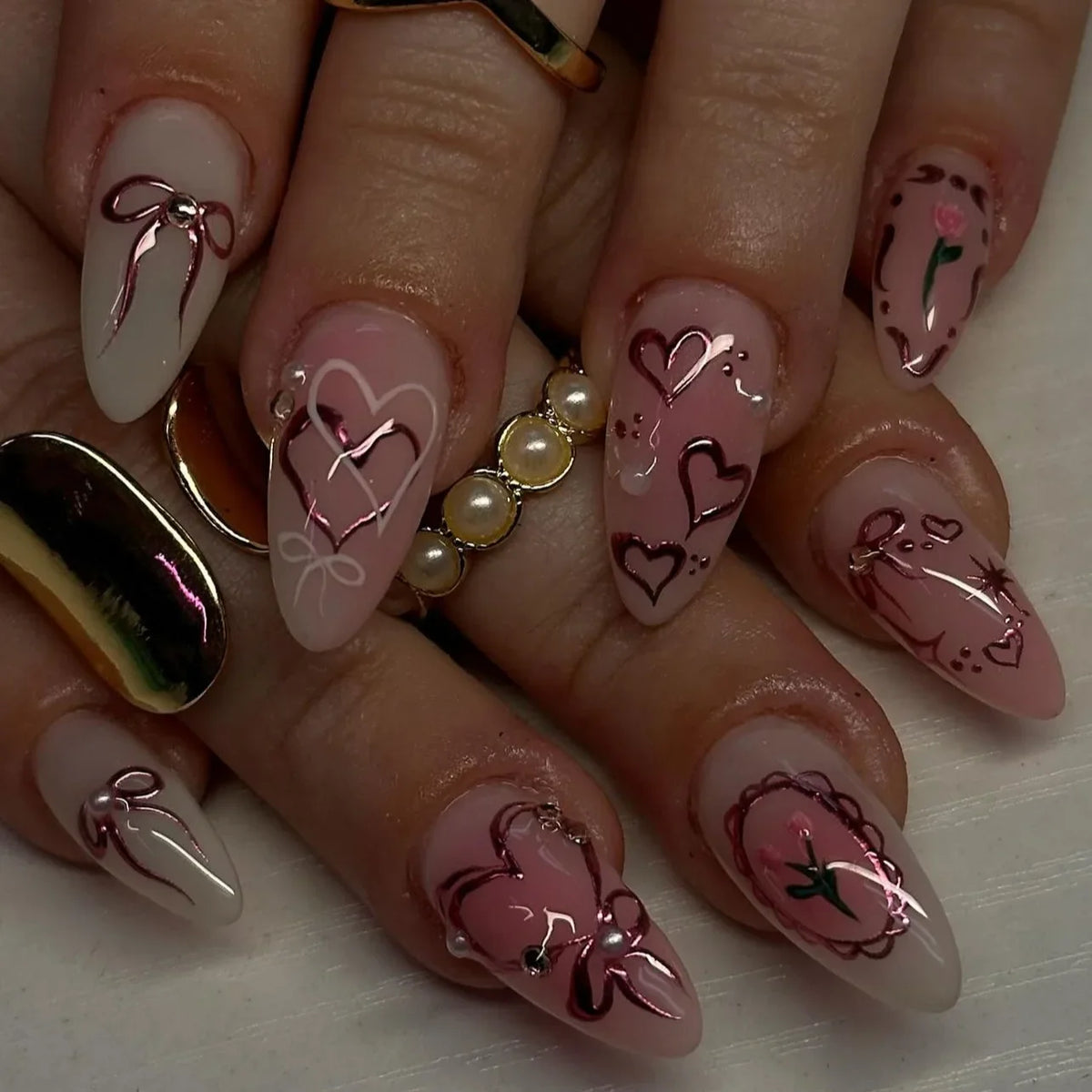 24PCS Wine Red Almond Press on Nails Cartoon Rabbit Bowknot with Plaid Pearl Designs French Fake Nails for Girls Detachable Nail