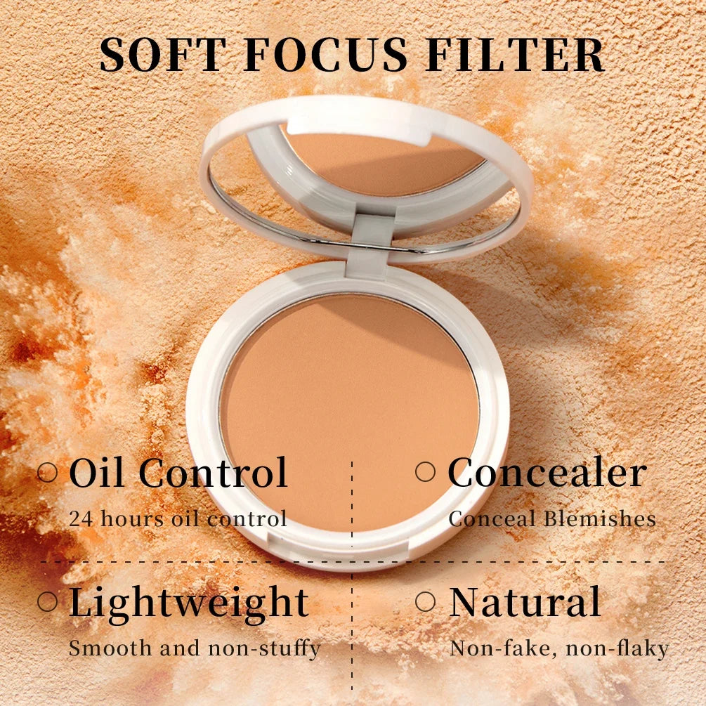 QIBEST Pressed Powder Oil-Control Long-Lasting Face Setting Powder Compact Powder Full Coverage Concealer Makeup Base Foundation
