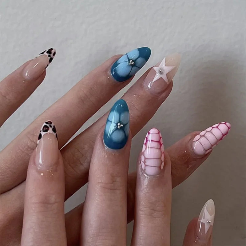 3D Bowknot Pearl Wearable Nail Art Fashion Leopard French Nude Almond Fake Nails Detachable Finished False Nails Press on Nails