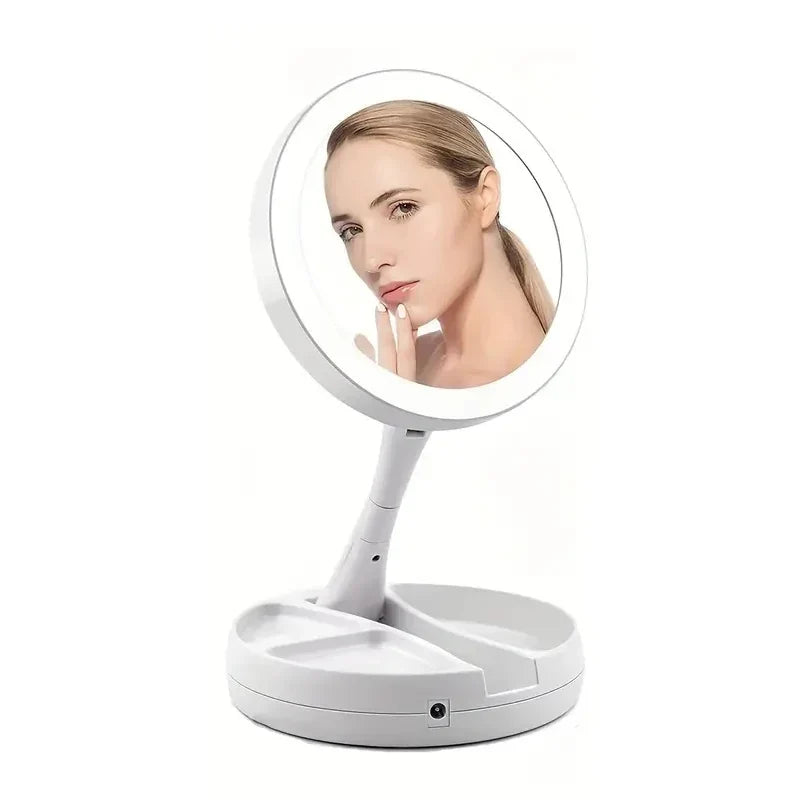 Compact Vanity Travel LED Makeup Mirror with 10X Magnification Double Sided Folding Portable Cosmetic Mirror with Lights