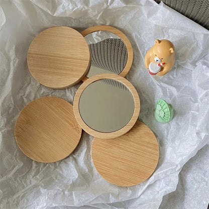 1Pc Pure Wood Cosmetic Mirror Portable Mirror Round Cosmetic Mirror Pocket Compact Mirror for Travel Accessories Beauty Tool