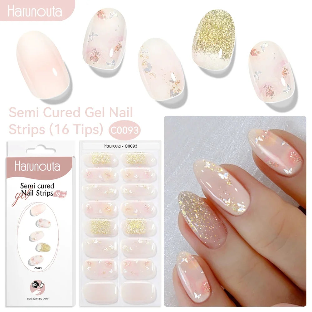 Harunouta 16strips Gradient Red Marble Gold Line Semi Cured Gel Nail Strips DIY Gel Polish Stickers for Nails Work with UV/LED