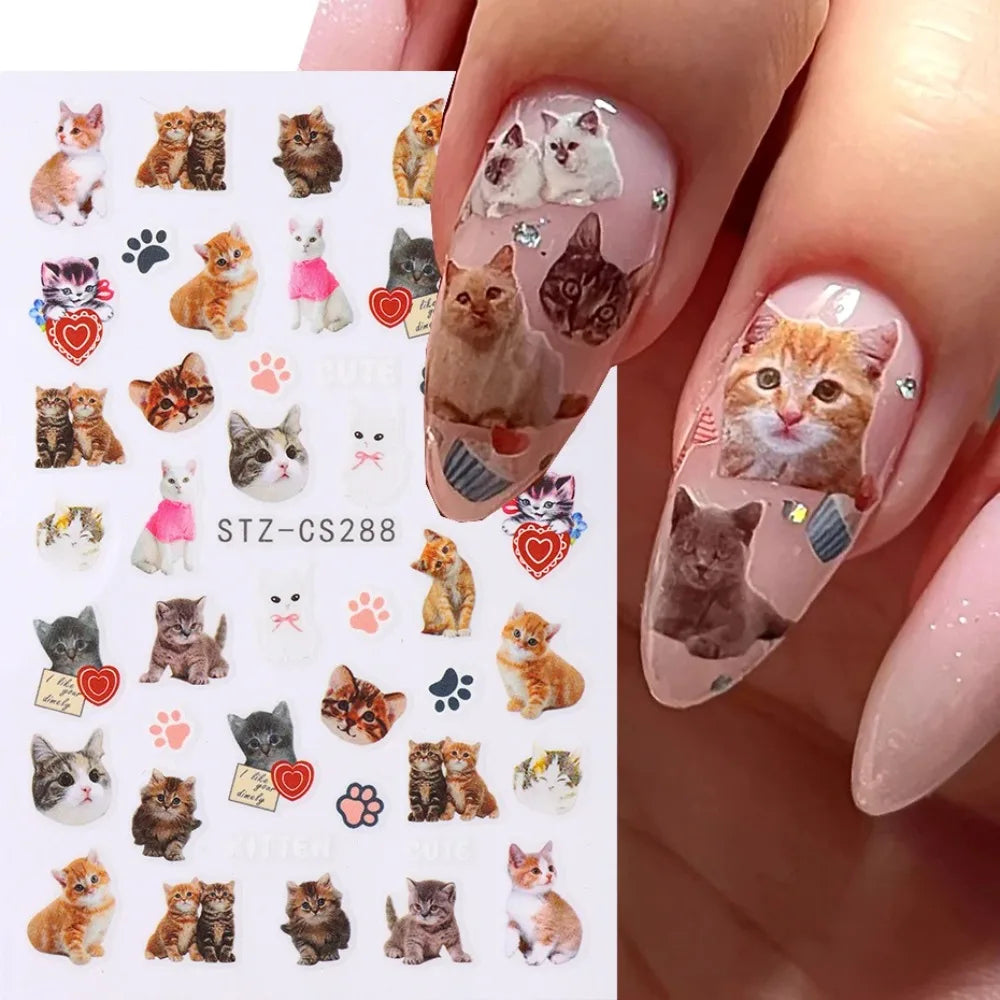 Lovely Dog Cat Animal Bunny 3D Korean Cartoon Scrawl Relief Self Adhesive Nail Art Stickers Cute Pretty Puppy Kitty Star Manicur