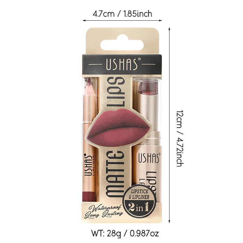 USHAS 12 Color Matte Lipstick Set Long-lasting Waterproof Lipstick + Lip Liner Set Easy Coloring Non-Stick Cup Lip Makeup Suit