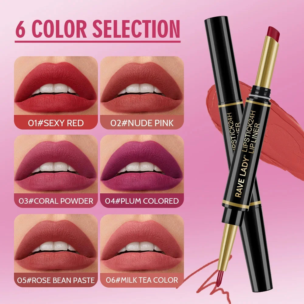 Rave Lady 2 IN 1 Matte Lipstick Lipliner Pencil 6 Color Christmas Gift Waterproof Lipstick Sexy Red Long Lasting Lipliner Makeup
