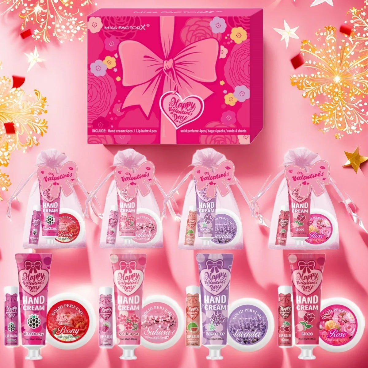 Gift sets 20PCS/box bulk thank you gifts assembly distribution lip balm hand cream perfume pink gift bag and bow card