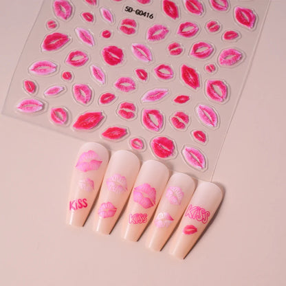 1sheet 5D Sexy Red Lips Nail Decal Stickers KISS Love Heart Valentine's Day Self-adhesive Nail Slider DIY Romantic Nail Decor