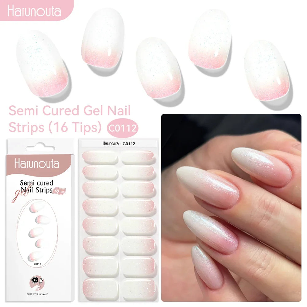 Harunouta 16strips Gradient Red Marble Gold Line Semi Cured Gel Nail Strips DIY Gel Polish Stickers for Nails Work with UV/LED
