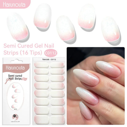 Harunouta 16strips Gradient Red Marble Gold Line Semi Cured Gel Nail Strips DIY Gel Polish Stickers for Nails Work with UV/LED