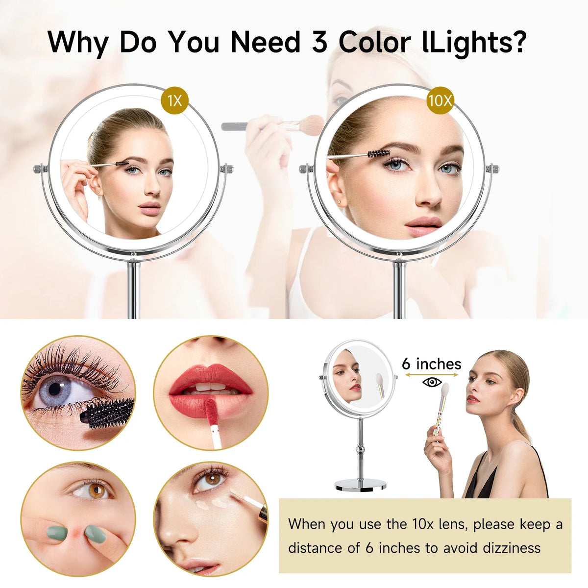 Lighted Makeup Mirror with Brighter Lights,1x/10xTrue HD Magnifying Tabletop Vanity Mirror with Touch Control, 360°Rechargeable