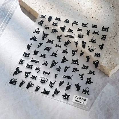 3D Self-Adhesive Nail Art Decals Sliders Decorations Manicure Accessories Black Cat Nail Stickers 3D Cute Cartoon Animal