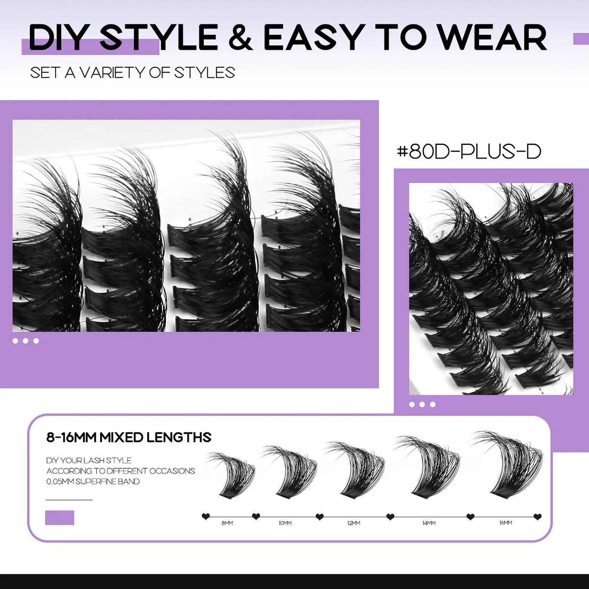 GROINNEYA DIY Eyelash Extension Kit Lashes Clusters Set Mix Eyelashes Full Set With Lash Bond&Seal and Eyelash Tweezers Makeup