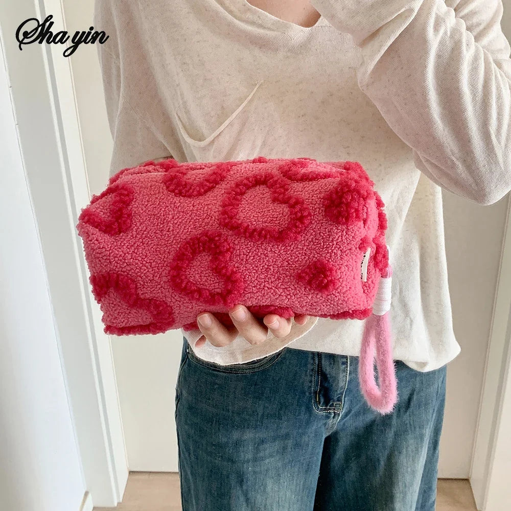 Plush Makeup Bags with Handle Soft Travel Cosmetic Storage Bag Portable Love Print Organizer Pencil Case Cute Clutch Pouch