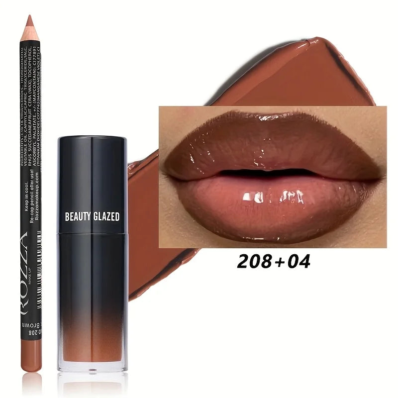 2pcs/Set Smooth Lip Liner+Lip Oil Set Lip Combo Waterproof Lip Liner  Makeup, Long-Lasting Moisturizing Lip Makeup Lip Plump