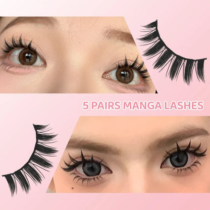 DINGSEN 5 Pairs Manga Lashes Eyes Lashes Soft Natural Long Eyelashes Fake Lashes Anime Wispy Strip False Eyelashes Makeup