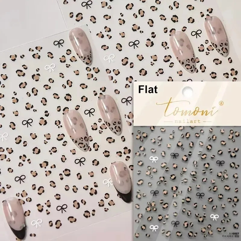 French Leopard Print Bowknot Lace Ribbon Rhinestone Pearl Bow Tie Simple White Black Nail Art Stickers Decoration Manicure Decal