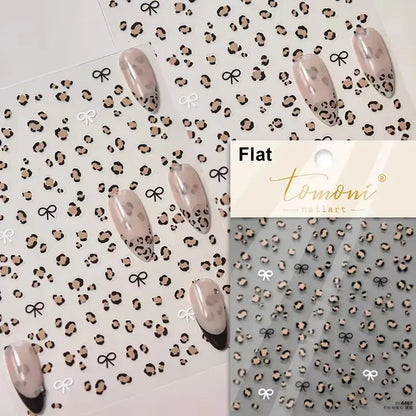 French Leopard Print Bowknot Lace Ribbon Rhinestone Pearl Bow Tie Simple White Black Nail Art Stickers Decoration Manicure Decal