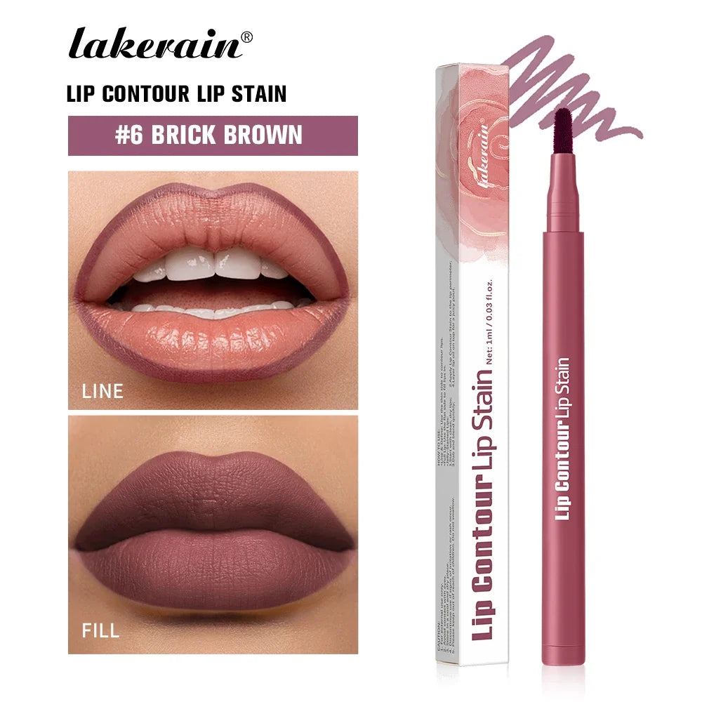 2-in-1 Lip Contour Lip Stain Pen Smudge-proof Non-stick Cup Moisturizing Lip Makeup Cosmetic Dual-Sided Tip Lip Stain & Liner