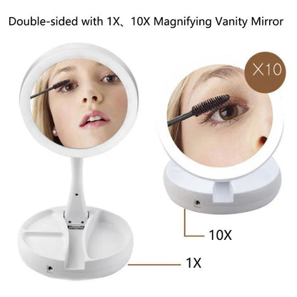 1X 10x Magnifying Vanity Mirror with LED Lighted Flexible Foldable Desk Makeup Mirror Lighting Dressing Makeup Lamp