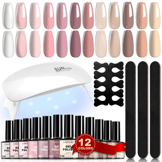 LIMEGIRL 12Pcs Gel Nail Polish Set 8ML Semi-Permanent Varn UV Nail Gel Art Manicure with Mini LED Lamp Gel Nail Polish Set