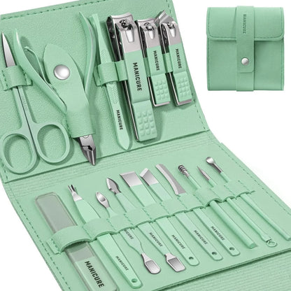 Professional 16pc Manicure Set - Stainless Steel with Case. Essential for nail, cuticle, and callus care. Perfect Household Gift