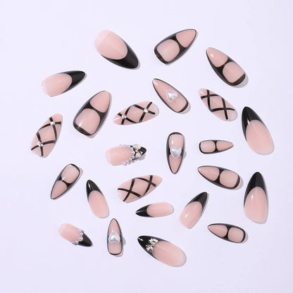 Black Cool Fake Nails Halloween Bat Press on Nails Almond Decorated Nail Tips Rivet Bow False Nails 24pcs Reusable Acrylic Nails