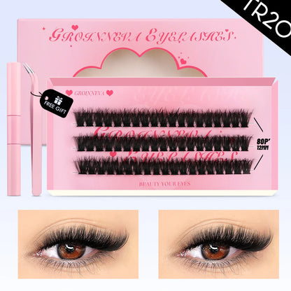 GROINNEYA DIY Eyelash Extension Kit Lashes Clusters Set Mix Eyelashes Full Set With Lash Bond&Seal and Eyelash Tweezers Makeup
