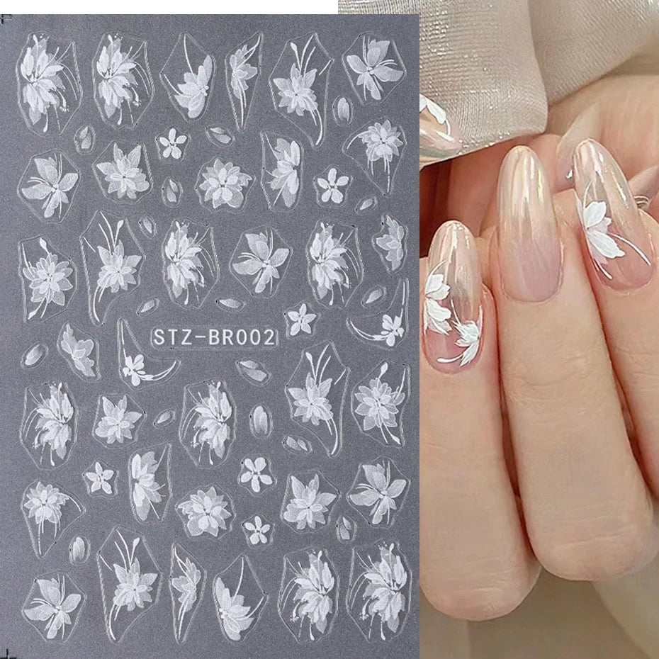 3D White Flower Nail Art Stickers Cute Floral Adhesive Sliders Acrylic Decoration Decals DIY Nail Charms Adhesive Accessories