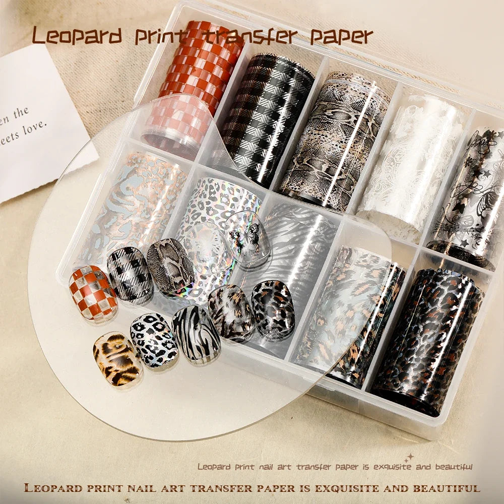 10 Rolls Water Soluble Leopard Print Transfer Paper Nail Transfer Foil Animal Printing Stickers Professional Nail Art Design