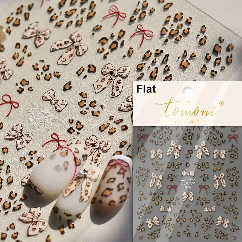 French Leopard Print Bowknot Lace Ribbon Rhinestone Pearl Bow Tie Simple White Black Nail Art Stickers Decoration Manicure Decal