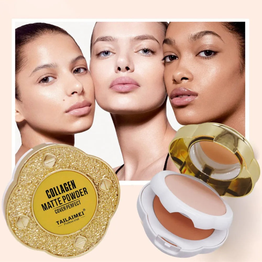 Natural Matte Pressed Powder Oil Control Brighten Whitening Face Base Foundation Compact Concealer Makeup Cosmetics