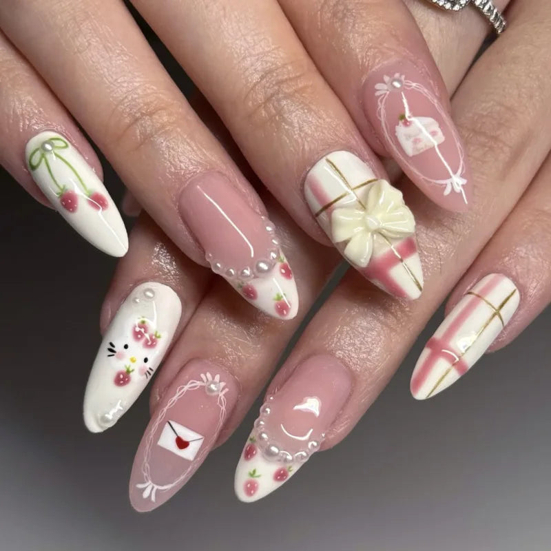 24pcs Sweet False Nail Patches Detachable Fake Nail Tips With Bowknots Love Heart Pearl Design Pink Almond Korean Press On Nail